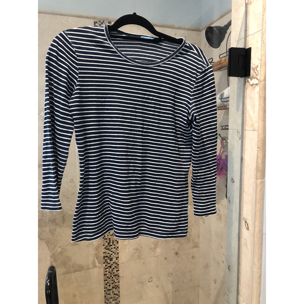 J. McLaughlin Women Blue White Striped 3/4 Sleeve Stretch Blouse Top XS